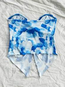 SHEIN Top sin tirantes azul con estampado de flores abstracto de teñido anudado para adolescentes, hecho de cómoda seda de hielo, apropiado para el té de la tarde o atuendo de temporada de graduación, top sin tirantes asimétrico de corte estrecho con estampado de teñido anudado multicolor, para primavera/verano, ropa de resort