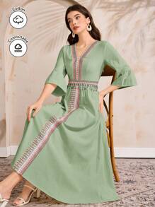 Seusyu 女士 V 领拼接缎带 3/4 袖休闲长裙 - 綠色 - 查看 6