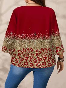EMERY ROSE Blusa holgada de cuello redondo con estampado completo, manga 3/4, para mujer talla grande, primavera y otoño - Rojo - Ver 2