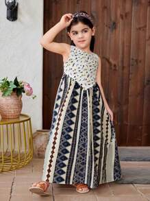 SHEIN Vestido casual ajustado de niña joven con cuello redondo sin mangas y bloques de color tejidos