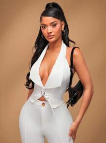 SHEIN SXY Women's White Summer Seksi Chic Club Night Elegant Backless High Stretch Knit V-Neck Halter Sleeveless Slim-Fit Suit Vest Blazer For Wedding Guest - White - View 4
