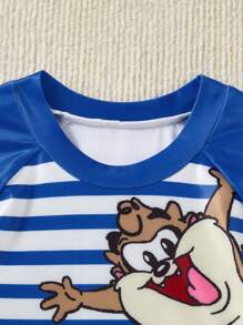 LOONEY TUNES X SHEIN Young Boy Cartoon Blue Striped Pattern Funny Cartoon Print Swimwear Set - Multicolor - View 6