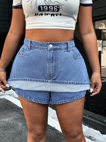 SHEIN EZwear Plus Size Washed High Waist Denim Shorts - Light Wash - View 1