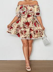 Flirla Plus Size Sexy Lace Bow Off The Shoulder Vacation Dress - Apricot - View 2