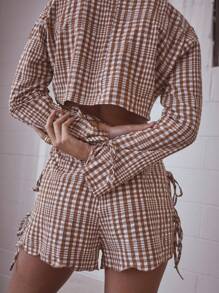 Aralina Gingham Tie Front Long Sleeve Two Pieces Summer Outfit Top And Short Set - Brown - View 2