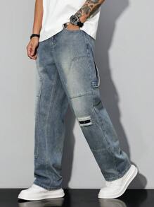Manfinity Homme Men's Distressed Straight Leg Relaxed Fit Casual Versatile Jeans, Loose Jeans Men, Men's Cargo Denim Jeans, Ripped Jeans Men, Men's Loose Fit Jeans