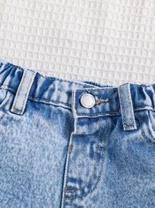 SHEIN Young Girls' Y2K Spring Summer Boho Girls Jeans Shorts ,Washed Casual Distressed Denim Shorts - Light Wash - View 4