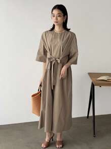 FRIFUL Women's Casual Khaki Woven Fabric Dress With Round Neck, Half Sleeves, And Ruffle Hem Detail - Khaki - View 3