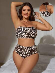 Swim Lushoire Basic Minimalist Leopard Print Plus Size Tankini Swimwear Set For Women For Summer Beach Vacation - Black - View 1
