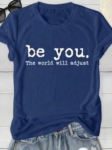 SHEIN LUNE 大码女式口号印花圆领短袖休闲 T 恤 - 藏蓝色 - 查看 1