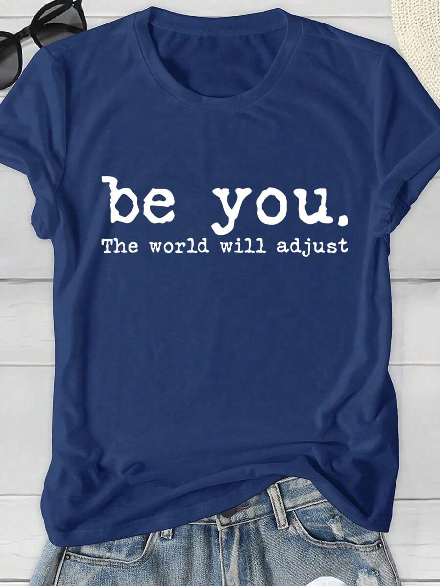 SHEIN LUNE 大码女式口号印花圆领短袖休闲 T 恤 - 藏蓝色 - 查看 1