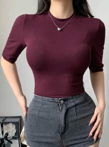 DAZY Camiseta casual de verano para mujer de manga corta, cuello alto ajustado y envolvente, que combina con todo - Burdeos - Ver 5