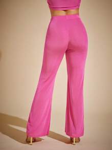 Vixey Slinky Knit Elastic Waistband Flare Leg Pants, Spring Outfits For Women, Summer Outfits For Women, Island Vacation Outfits - Hot Pink - View 5