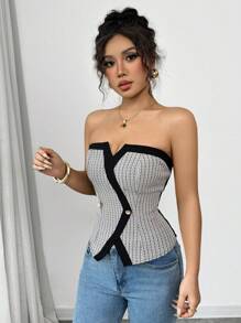Elenzga Women Elegant Contrast Color Backless Strapless Bustier Crop Top - Black and White - View 5