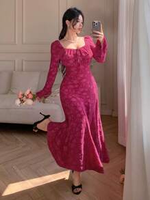 DAZY Women Square Neck Long Sleeve Textured Fabric Dress Elegant,Ruffle,Fall Dress - Burgundy - View 2