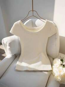 Franclia Nowy minimalistyczny, wszechstronny, stylowy, dopasowany, jednokolorowy sweter z dzianiny z dekoltem w kształcie litery U dla kobiet, wiosna/lato