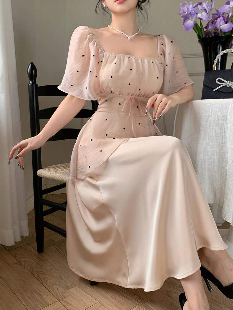 knee length dresses for ladies Patchwork square neck backless midi dress – Lovenne