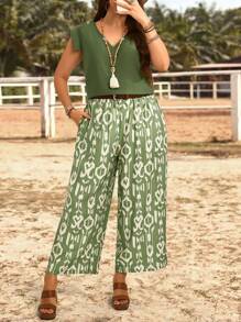 EMERY ROSE 大码女式度假波西米亚纯色V领衬衫和花卉印花宽松两件套女式春季服装女式夏季服装