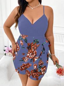 SHEIN Clasi Großformat Sommer Elegantes Kleid mit floralem Muster Patchwork, Bindeträger und Wickeldesign - Graublau - Übersicht 4