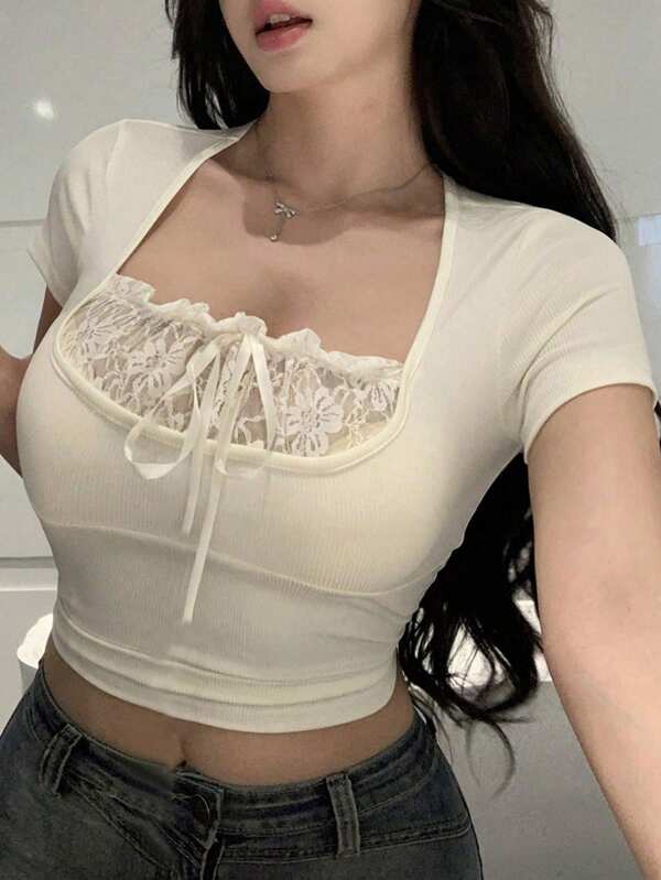 Dazy Plus Plus Size Contrast Lace Two Pieces Short Sleeve T-Shirt, Fitted, Spring/Summer Cute Tops,Crop Tops Women