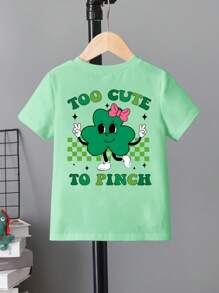 Young Girl' "Too Cute To Pinch" Clover Print Round Neck Short Sleeve Green T-Shirt - Green - View 2