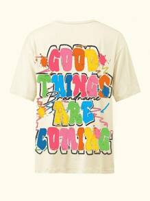 INAWLY 女式图案 T 恤宽松款 Y2K 复古运动 T 恤夏季 - 杏色 - 查看 2