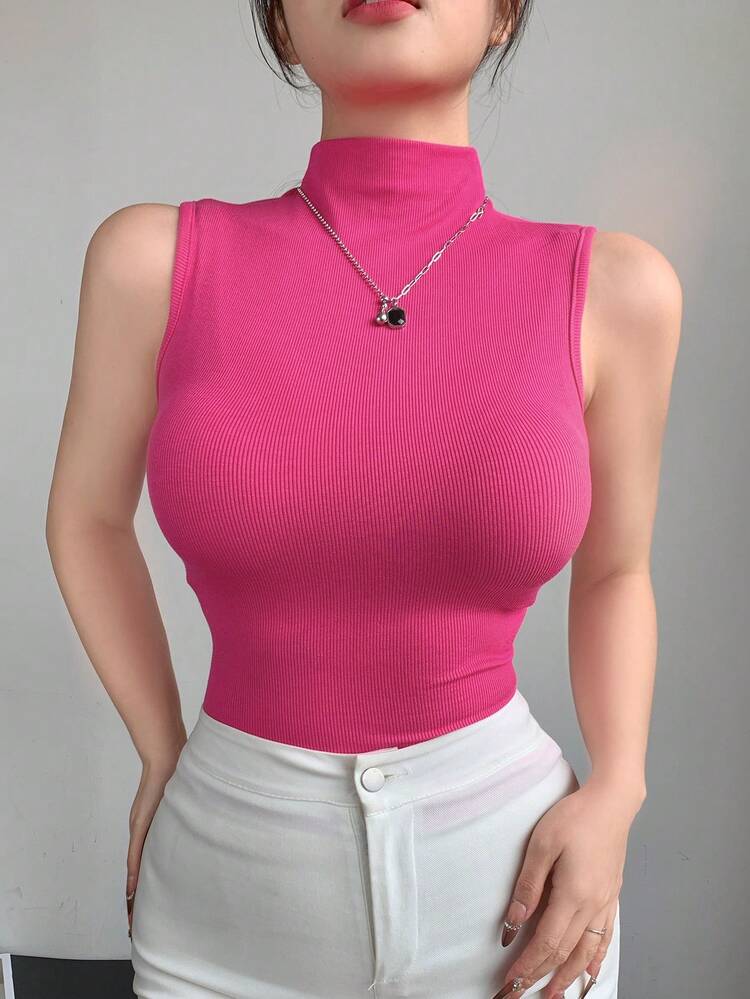 Women High Collar Fitted Sleeveless Wrap Around Tank Tops