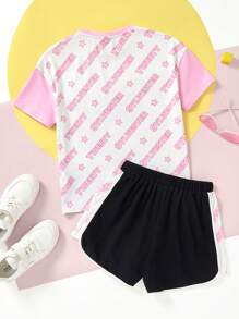 LOONEY TUNES X SHEIN طقم سروال قصير كاجوال أسود و تيشيرت نصف كم مطبوع بنقشات فتاة المراهقة القطة السوداء والبطة الصفراء والرسوم الوردية