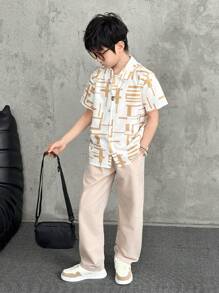 SHEIN 2pcs Set: Boys Casual Geometric Line Print Short Sleeve Shirt And Long Pants, Commuting