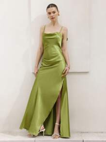 Aveloria Rosie Sexy Elegant Resort Satin Draped Neck High Slit Solid Color Dress For Women   Old Money Style For Summer