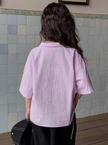 Dazy Kids Tween Girl Short Sleeve Collared Shirt With Embroidered Bow, Spring/Summer,Back To School Clothes - Purple - View 3