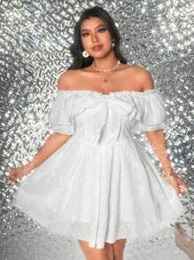 Viva Relle 大码女式刺绣镂空双层蝴蝶荷叶边露肩连衣裙 - 白色 - 查看 1