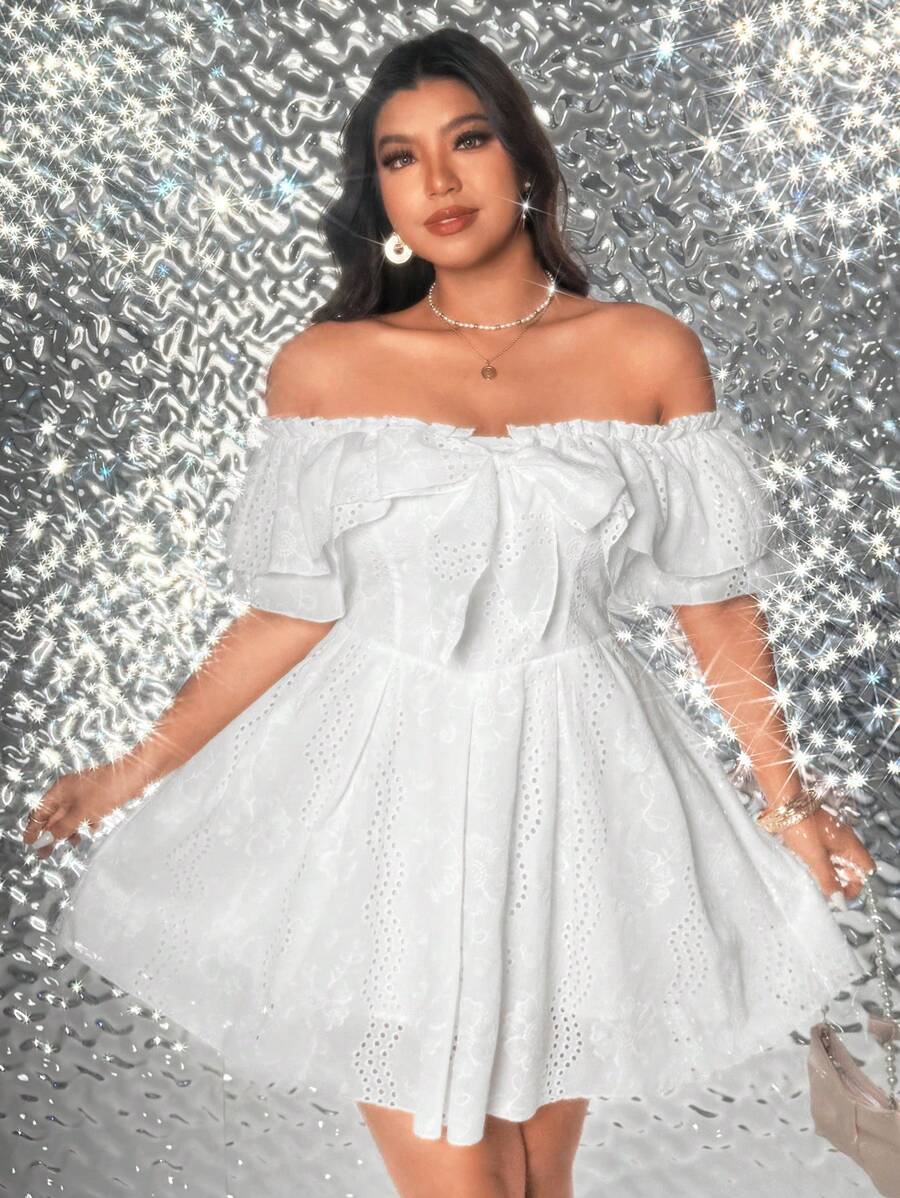 Viva Relle 大码女式刺绣镂空双层蝴蝶荷叶边露肩连衣裙 - 白色 - 查看 1