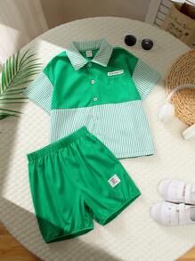 SHEIN Young Boys Summer Fashion Two-Piece Suit, A Green And White Striped Color Matching Drop Shoulder Short-Sleeved Shirt, Simple Lapel Design, Small Letter Badge On The Top, Three-Dimensional Pocket Decoration, And A Pair Of Elastic And Comfortable Elastic Waistband And Trouser Legs, Knee Length Shorts Casual Suit, Suitable For Daily Outings, Travel, Vacation, Suitable For Summer - Green - View 4