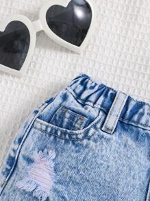 SHEIN Young Girls' Y2K Spring Summer Boho Girls Jeans Shorts ,Washed Casual Distressed Denim Shorts - Light Wash - View 5