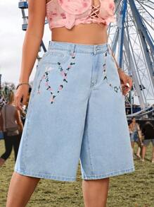SHEIN ICON Pantaloni 3/4 da vacanza con ricamo, abbigliamento da rave, festival, taglia comoda