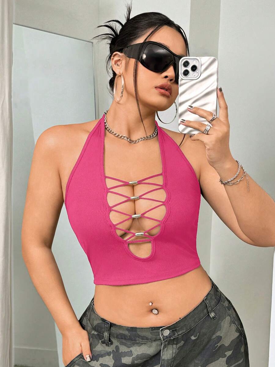 SHEIN ICON Plus Size Sleek V-Neck Beaded Decor Halter Tank Top - Hot Pink - View 1