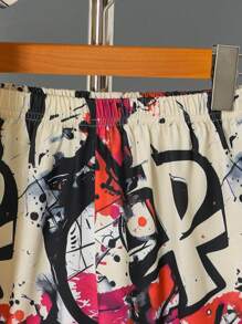 2pcs/Set Older Boys Casual Cool Graffiti Letter Print Comfortable Round Neck Short Sleeve T-Shirt And Shorts Set, Summer