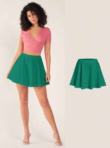 SHEIN BASICS Falda corta de línea A casual con cintura elástica de unicolor para mujer