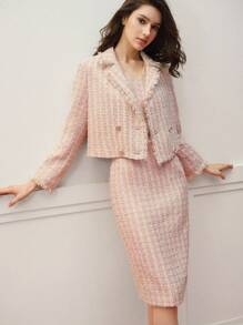 MOTF PREMIUM BLAZER CRUZADO DE DOBLE BOTONADURA CON RIBETE CRUDO DE TWEED