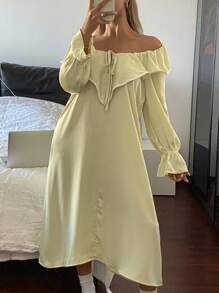 DAZY Oversized Ruffled Collar Bow Front Long Sleeve Minimalist Casual Nightdress Pajama - Yellow - View 5