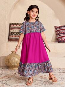 SHEIN Vestido casual de vacaciones de gasa con estampado floral ditsy para niña joven - Rosa Fucsia - Ver 3