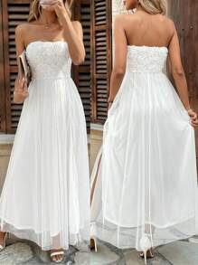 Rafferiza 女士纯色 3D 花卉网眼拼布前开衩吊带连衣裙