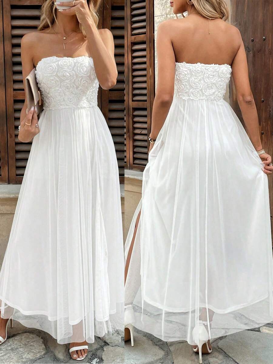 Rafferiza 女士纯色 3D 花卉网眼拼布前开衩吊带连衣裙