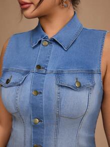 Forever 21 Plus Size Women Collared Single-Breasted Sleeveless Casual Denim Dress - Blue - View 6