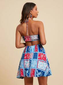 Travachic 女士花卉印花露背挂脖度假连衣裙，春夏，女士夏季服装，女士沙滩服装，女士，春假，女士音乐会服装，波西米亚风，狂欢服装，热带度假，节日，女士浪漫夏季连衣裙，女士波西米亚风连衣裙，女士热带连衣裙，女士度假连衣裙，新品女士连衣裙 - 藍色 - 查看 3