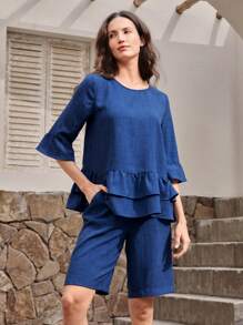EMERY ROSE 2pcs Vacation Elegant Solid Color Off Shoulder Ruffle Trim Round Neck Blouse And Shorts Set For Women - Blue - View 7