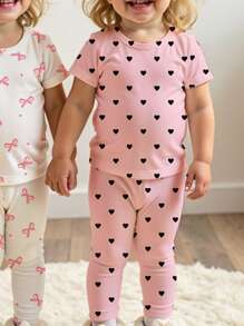 SHEIN 4pcs/Set Baby Girl Heart & Bow Graphic Casual Slim Fit Round Neck Short Sleeve Top & Trousers Home Outfit, Suitable For Spring/Summer - Multicolor - View 4