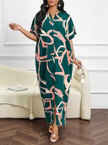 SHEIN Lady Vestido elegante de estilo commuter con mangas de murciélago y estampado de color contrastante