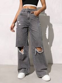 SHEIN EZwear 女式口袋破洞宽松休闲百搭牛仔裤